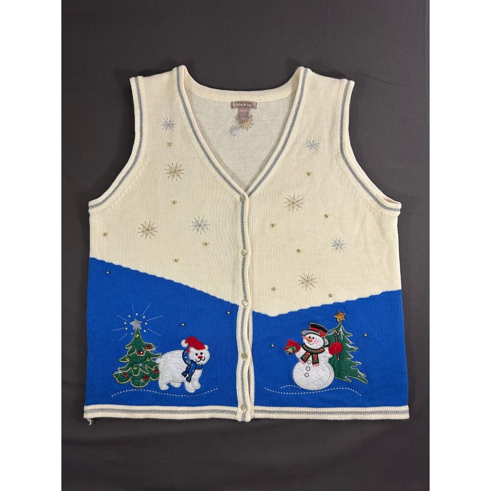 Vtg Ugly Christmas Sweater Vest Women XXL 2X Snowman Polar Bear Grandmacore